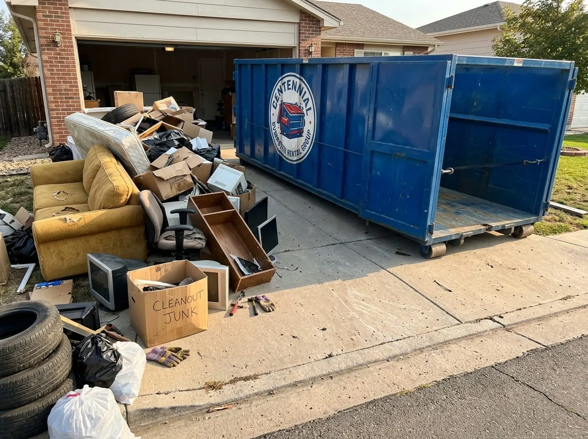 10 yard roll-off dumpster on an Centennial driveway