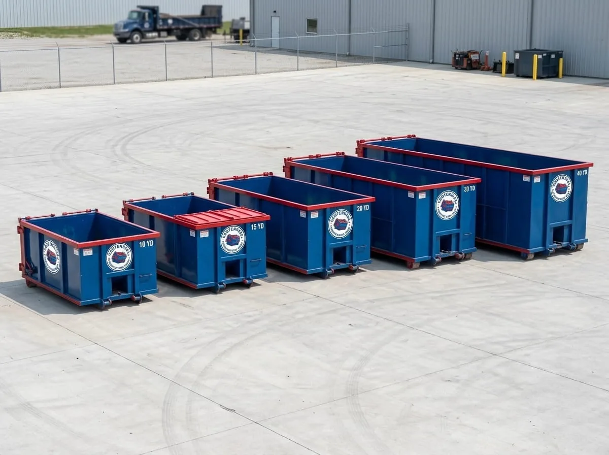 Centennial Dumpster Rental Group crew beside a branded roll-off truck