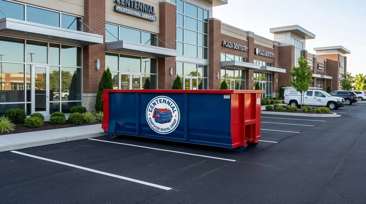 Centennial Dumpster Rental Group roll-off truck delivering a dumpster