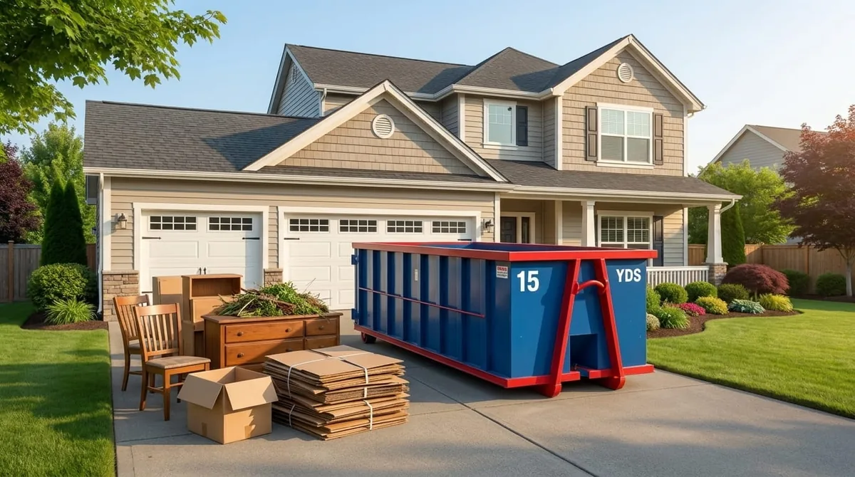 Roofing tear-off debris in a roll-off dumpster